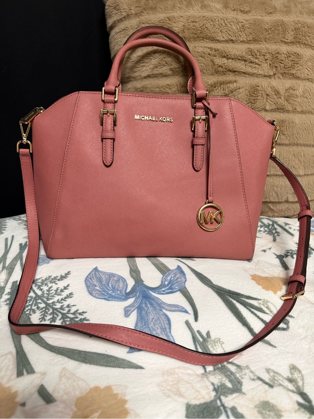 Michael Kors Large Ciara Saffiano Leather Satchel Dome Bag Pink Gold Hardware